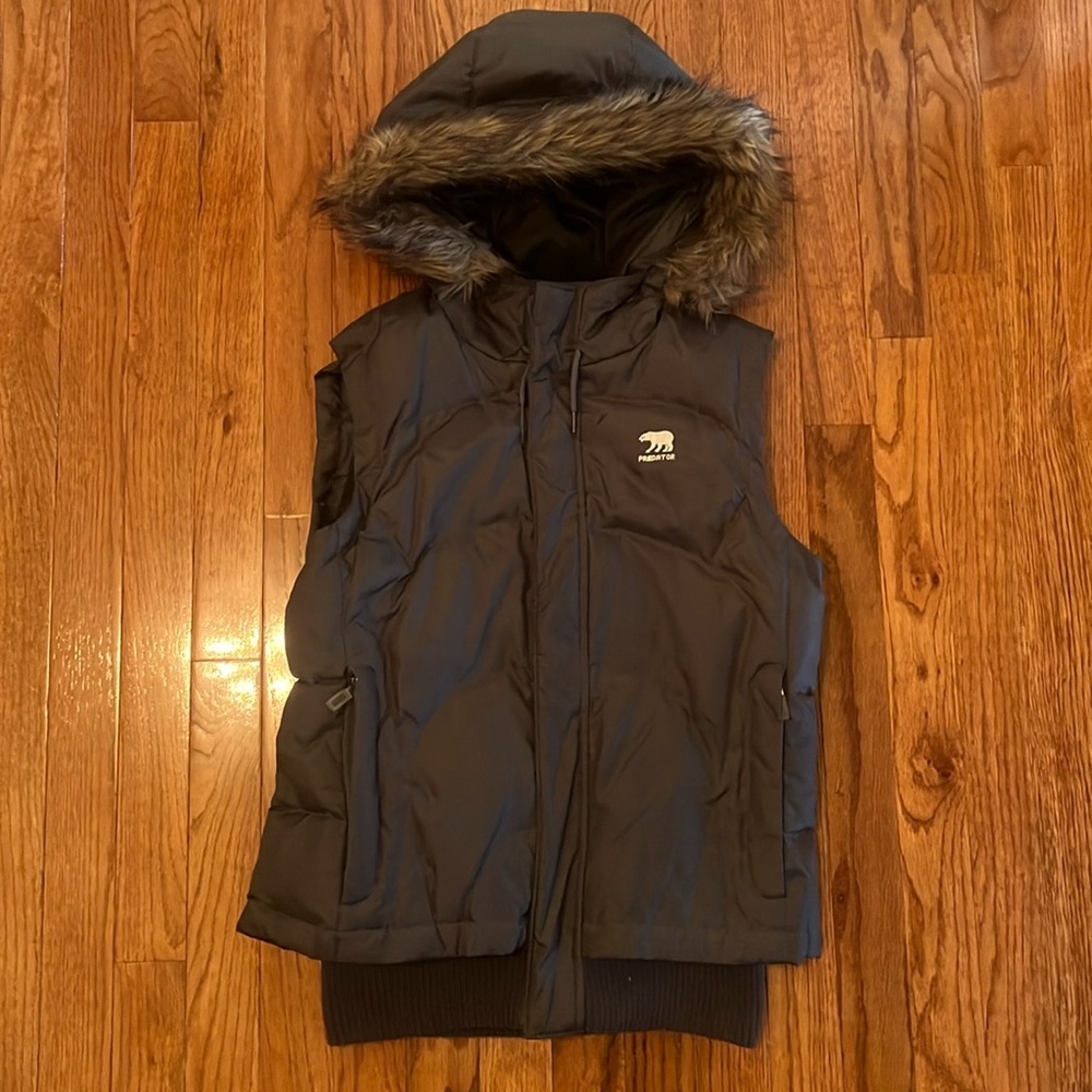 Predator Mountain Wear Down Feather Gray Puffer Vest With Faux Fur Hood Small